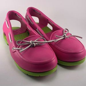 Crocs Beach Line Boat Shoes Pink/Green Slip-On Women's Size 10